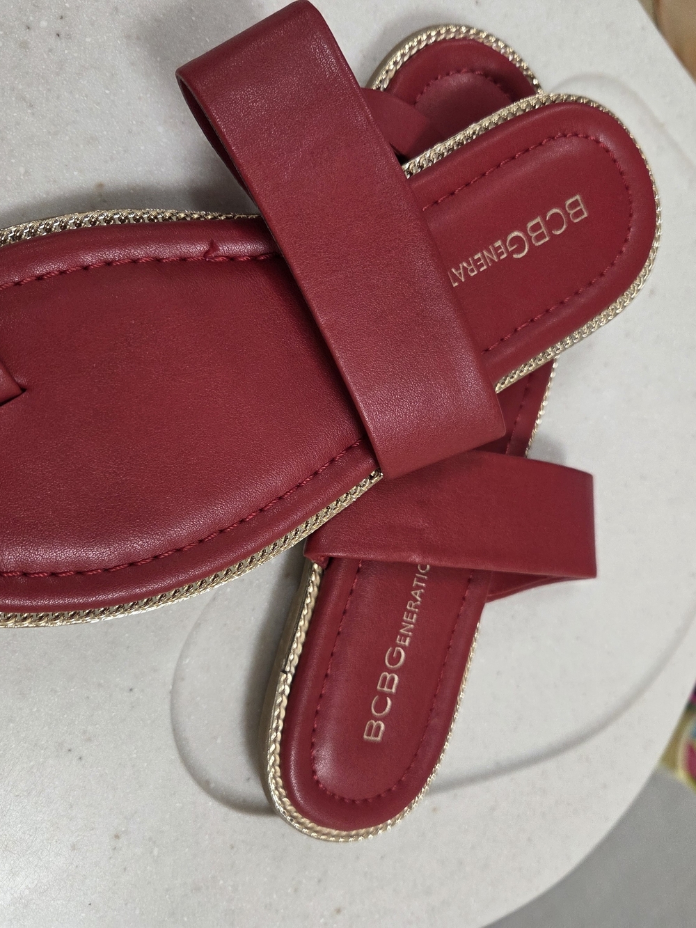 BCBGeneration Women's Red Slide Sandals with Gold Trim